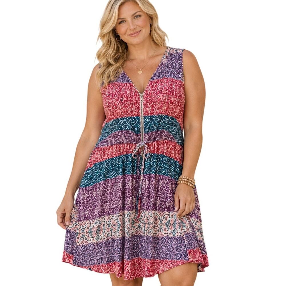 Torrid NEW Colorful Patchwork Dress Womens Size 2X Rayon Half Zip Shirtdress NWT